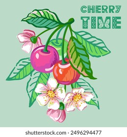 Vector hand drawn illustration of branch with cherries, flower and leaves isolated on background. Illustrations in sketch for package design