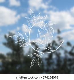vector hand drawn illustration of branch with leaves on blur nature background 