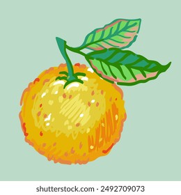 Vector hand drawn illustration of branches orange tree with fruit and leaves. Illustrations of bright ripe citrus fruit and flowers in the style of expressionism