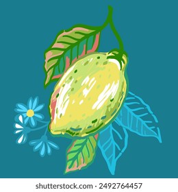 Vector hand drawn illustration of branches lemon tree with fruit, leaves and flowers. Illustrations of bright ripe citrus fruit in the style of pencils sketch