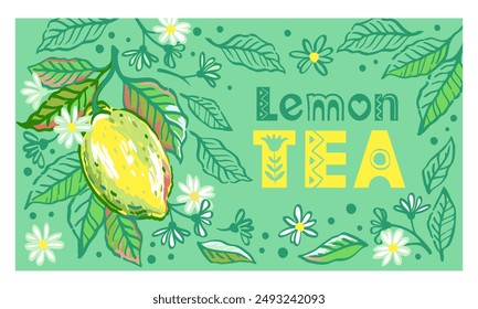 Vector dibujado a mano ilustración de ramas de limonero con fruta, hojas y flores. Ilustraciones de cítricos maduros brillantes en el estilo de boceto de lápices para el diseño de paquetes