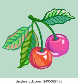 Vector hand drawn illustration of branches cherry. Sketch of bright ripe fruit for package design isolated on background