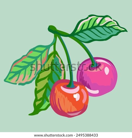Vector hand drawn illustration of branches cherry. Sketch of bright ripe fruit for package design isolated on background