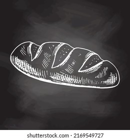 Vector hand drawn illustration of bread. White sketch isolated on black chalkboard. Sketch icon and bakery element for print, web, mobile and infographics.