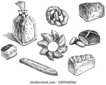 Vector hand drawn illustration of breads : toast, loaf, Baguette, Biscuit, scone, Black bread, bun, Laugenbrezel, Pretzel