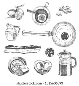 vector hand drawn illustration of breakfast food.
sketch of morning tea, fried egg with bacon and cheese.
flat lay ink doodle.
restaurant design template