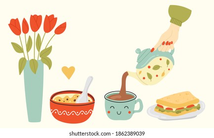 Vector Hand Drawn Illustration of Breakfast in Flat and Cartoon style. the Morning Ceremony. Healthy Food. Hand Pours Tea. oatmeal, sandwich, Teapot, bouquet of flowers.Isolated on beige background.