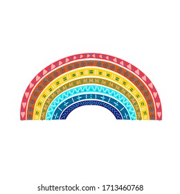 Vector hand drawn illustration of the bright rainbow in ethnic style with doodles. Decorative colorful design element for cards, scarpbook, wall art, stickers, textile, prints.