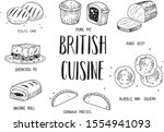 Vector hand drawn illustration of British cuisine. Traditional English food. Eccles cake, Pork pie and sausage roll, Roast beef. For restaurant, market, cafe, menu design, label.