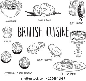 Vector hand drawn illustration of British cuisine. Traditional English food.  Trifle, Hotpot, Scotch eggs, Suet pudding, Pork pie and sausage roll, Black pudding, Welsh rarebit, Pie and mash. 