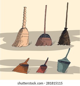 Vector hand drawn illustration with brooms and dustpans