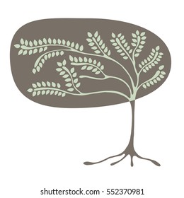 Vector hand drawn illustration, Brown decorative ornamental stylized tree. graphic illustration isolated on the white background. Hand drawing silhouette. Decorative artistic abstract branch