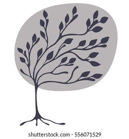 Vector hand drawn illustration, Brown decorative ornamental stylized tree. graphic illustration isolated on the white background. Hand drawing silhouette. Decorative artistic abstract branch.
