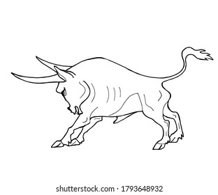 Vector hand drawn illustration of a bull, symbol of 2021 on the Chinese calendar. Black and white line art illustration.