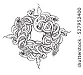 Vector hand drawn illustration with bunch of angry snakes. Artwork of rattlesnake in realistic  line style. Template for postcard banner poster print for t-shirt