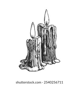 Vector hand drawn illustration of burning candles with wax streaks isolated on white. Black and white sketch with magic symbol.
