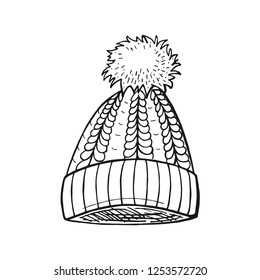 Vector hand drawn illustration of Cable Pom-Pom Hat in vintage engraved style. Isolated on white background.