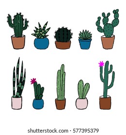A vector hand drawn illustration of cacti and succulents icons set.Can be used for any design projects.