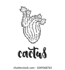 Vector hand drawn illustration. Cactus in the shape of a heart in the technique of doodling, lettering, black and white. The idea for the design of a t-shirt, poster, postcard, product, website.