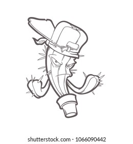 Vector hand drawn illustration with cactus in cap. Funny cartoon character in hip hop style. Mascot contour isolated on white.