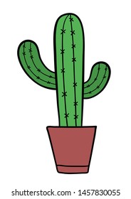 Vector hand drawn illustration of cactus in flowerpot. Black outlines and colored.