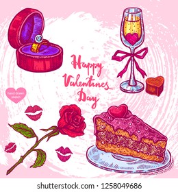 Vector hand drawn illustration of cake, wedding box with ring, rose, wineglass, text Happy Valentines Day on background with abstract paper texture.Valentines dinner food sketch.Linear art 
