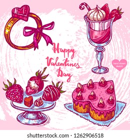 Vector hand drawn illustration of cake, fruits, dessert, wedding ring, text Happy Valentines Day on background with abstract paper texture.Valentines dinner food sketch.Linear art in vintage style