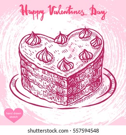Vector hand drawn illustration of cake on the plate,text Happy Valentines Day on background with abstract paper texture.Valentines heart shaped cake sketch.Linear art in vintage style for design.