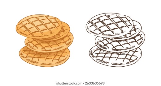 Vector hand drawn illustration of cakes, cookies, bread. Brown and white pastry  drawing isolated on white background. Sketch icon and bakery element for print, web, mobile.