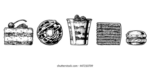 Vector Hand Drawn Illustration Of Cakes Set. Dessert: Tiramisu, Donut, Cranachan, Vinarterta And Macaron.