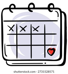 Vector hand drawn illustration of a calendar with marked days and a red heart on a future date. Perfect for long distance relationship concepts, waiting for a meeting, anniversary countdown, or romantic event planning. Isolated on white.