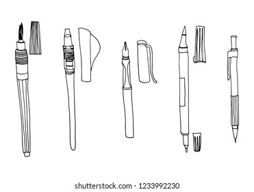 Vector hand drawn illustration of calligraphy tools. Various types of pen 