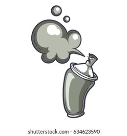 Vector hand drawn illustration of can with paint spray isolated on white. Aerosol for graffiti with angry face. 