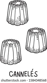 Vector hand drawn illustration of Canneles. French traditional dessert, flat and cartoon style, isolated on white background. For menu, restaurants, cafe, market, print design.