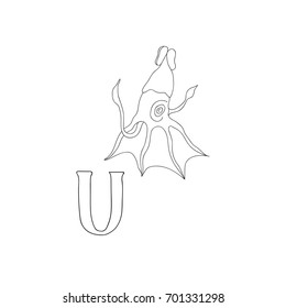 Vector hand drawn illustration capital letter U on alphabet card. Black and white realistic umbrella squid isolated. Kids ABC, school education. Coloring page for children