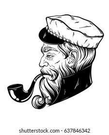 Vector hand drawn illustration of captain with pipe. Tattoo artwork in realistic style. Template for card, poster, banner, print for t-shirt, coloring books.