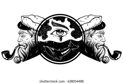 Vector hand drawn illustration of captain with pipe. Surrealistic landscape with eyes, whale, water.  Tattoo artwork in realistic style. Template for card, poster, banner, print for t-shirt, coloring 