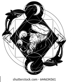 Vector hand drawn illustration of captain with pipe. Tattoo artwork in realistic style with whales, moon, stars. Template for card, poster, banner, print for t-shirt, coloring books.