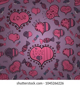 Vector. Hand drawn illustration in cartoon style. Graphic hearts love on neutral, pink and black colors. Seamless love pattern with cute lettering calligraphy text and hearts, envelopes, doodles.
