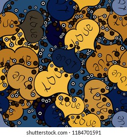 Vector. Hand drawn illustration in cartoon style. Art for web, textile, fabric. Seamless love pattern with cute lettering calligraphy text and hearts, envelopes. Graphic on yellow, black, blue colors.