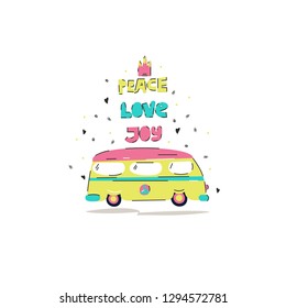 Vector hand drawn illustration with cartoon hippie buses and the inscription " Peace. Love. Joy." Cute postcard.