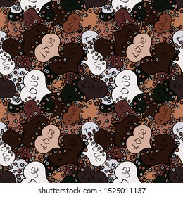 Vector. Hand drawn illustration in cartoon style. Graphic hearts love on brown, neutral and black colors. Seamless love pattern with cute lettering calligraphy text and hearts, envelopes, doodles.