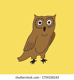 Vector hand drawn illustration in cartoon style of brown owl on yellow background. Kids room wall poster design element for animation school education concept