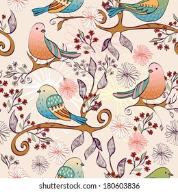 Vector hand drawn illustration with cartoon birds