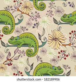 Vector hand drawn illustration with cartoon Chameleon