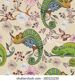Vector hand drawn illustration with cartoon Chameleon