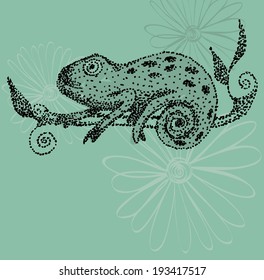 Vector hand drawn illustration with cartoon Chameleon