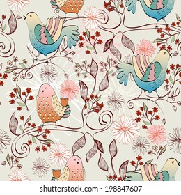 Vector hand drawn illustration with cartoon birds