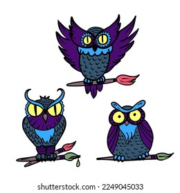 Vector  hand drawn illustration of cartoon funny owls holding a brush with paint. 