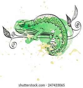 Vector hand drawn illustration with cartoon Chameleon